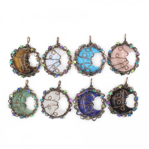 Gemstone Pendants Jewelry Natural Stone with Zinc Alloy Moon antique copper color plated fashion jewelry & DIY & hollow Sold By PC