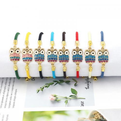 Zinc Alloy Bracelet with Milan Cord Owl gold color plated Adjustable & fashion jewelry & Unisex & enamel & with rhinestone nickel lead & cadmium free 3mm Length Approx 23 cm Sold By PC