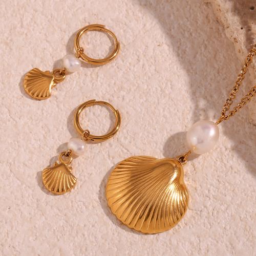 Fashion Stainless Steel Jewelry Sets 316L Stainless Steel with Freshwater Pearl Shell 18K gold plated fashion jewelry & for woman nickel lead & cadmium free Sold By PC