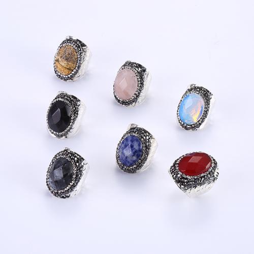 Natural Gemstone Finger Ring, Natural Stone, with Rhinestone Clay Pave & Brass, Oval, silver color plated, fashion jewelry & Unisex, Random Color, 20x30mm, Sold By PC