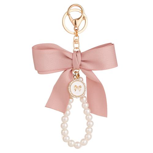 Zinc Alloy Key Clasp with Cloth & Plastic Pearl Bowknot gold color plated for woman nickel lead & cadmium free Sold By PC