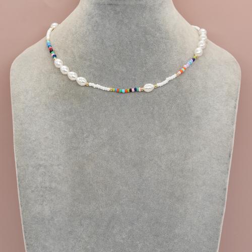 Glass Seed Beads Necklace Seedbead with Freshwater Pearl & Plastic Pearl & Zinc Alloy with 5cm extender chain gold color plated fashion jewelry & for woman Length Approx 42 cm Sold By PC