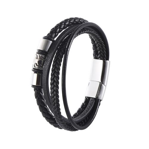 PU Leather Cord Bracelets with 304 Stainless Steel vintage & for man black Sold By PC
