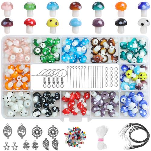 Fashion Glass Beads, with Plastic Box & Tibetan Style, mushroom, DIY & 15 cells, mixed colors, 10x13mm, Hole:Approx 2mm, Approx 120PCs/Box, Sold By Box