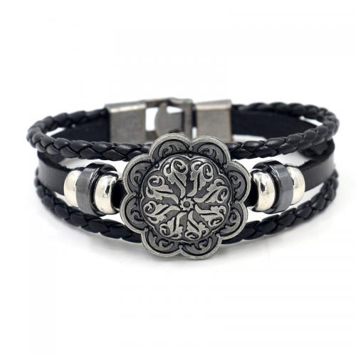 Leather Bracelet with PU Leather & Zinc Alloy Flower vintage & multilayer & Unisex Length Approx 8.3 Inch Sold By PC