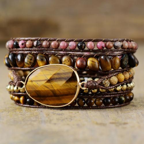 Tiger Eye Bracelet with PU Leather & Zinc Alloy Oval handmade multilayer & for woman Length Approx 20-24 Inch Sold By PC