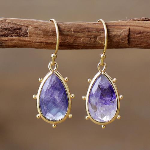 Quartz Drop Earring with Brass Teardrop gold color plated Bohemian style & for woman Sold By Pair
