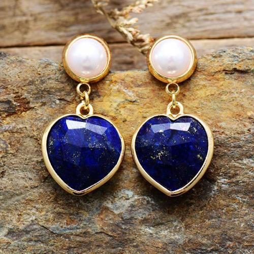 Gemstone Drop Earring with Plastic Pearl & Brass Heart gold color plated fashion jewelry & for woman Sold By Pair