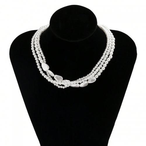Collar de perlas de plástico, Perlas plásticas, con aleación de zinc, con 7cm extender cadena, Joyería & multicapa & para mujer, Blanco, longitud aproximado 35 cm, Vendido por UD
