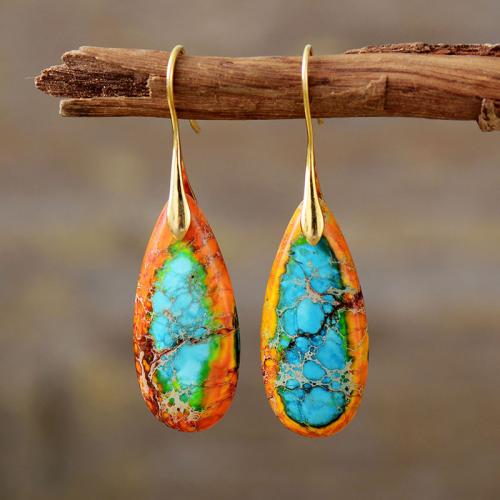 Impression Jasper Drop Earring with Brass Teardrop gold color plated Bohemian style & for woman Sold By Pair