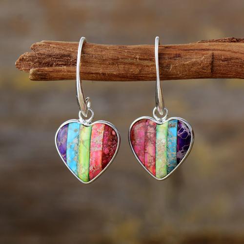 Impression Jasper Drop Earring with Brass Heart platinum color plated Bohemian style & for woman Sold By Pair