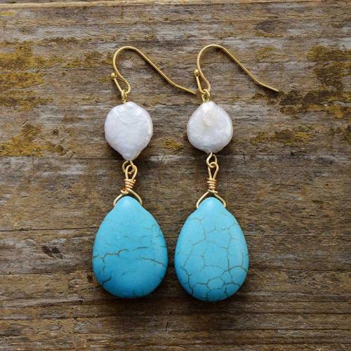 Natural Turquoise Drop Earring with Plastic Pearl & Brass Teardrop gold color plated Bohemian style & for woman Sold By Pair