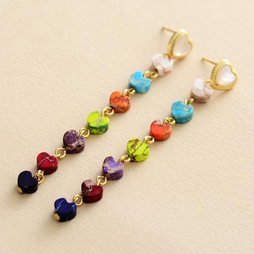 Impression Jasper Drop Earring with Plastic Pearl & Zinc Alloy Heart gold color plated Bohemian style & for woman Sold By Pair