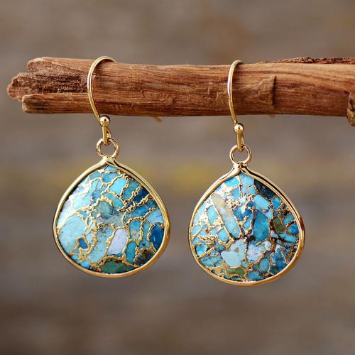 Impression Jasper Drop Earring, with Brass, Teardrop, plated, Bohemian style & for woman, more colors for choice, 20x40mm, Sold By Pair