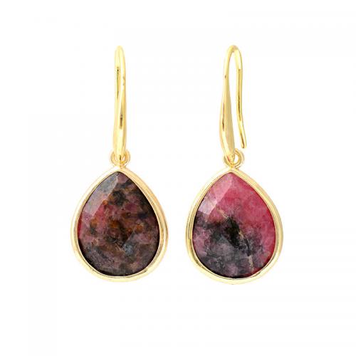 Rhodochrosite Drop Earring with Brass Teardrop gold color plated Bohemian style & for woman Sold By Pair