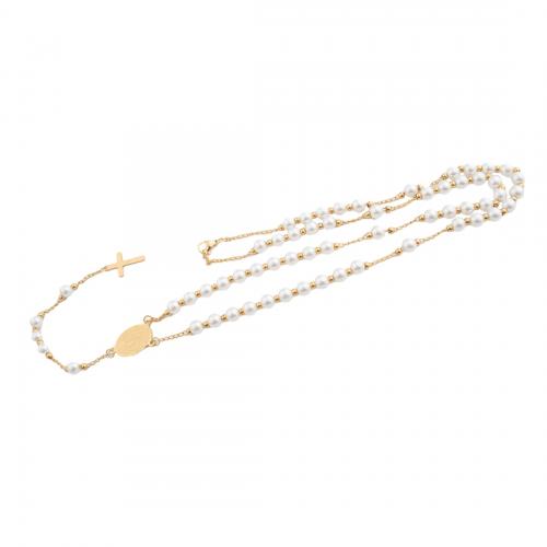 Collar de acero inoxidable de la joyería, acero inoxidable 304, con Perlas plásticas, para mujer, dorado, longitud aproximado 65.5 cm, Vendido por UD