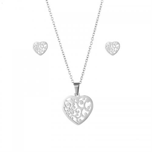 Stainless Steel smycken Ställer, Stud Örhänge & halsband, 304 rostfritt stål, Hjärta, 2 stycken & mode smycken & för kvinna, silver, Längd Ca 45 cm, Säljs av Ställ