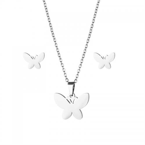 Fashion Stainless Steel Jewelry Sets Stud Earring & necklace 304 Stainless Steel Butterfly 2 pieces & fashion jewelry & for woman silver color Length Approx 45 cm Sold By Set