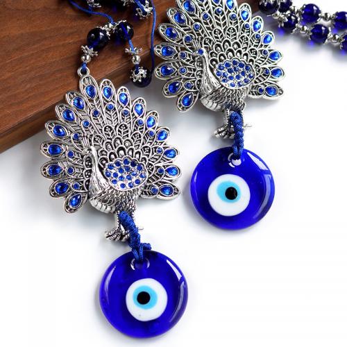 Hanging Ornaments Glass with Zinc Alloy Peacock silver color plated fashion jewelry & evil eye pattern & with rhinestone blue 400mm Sold By PC