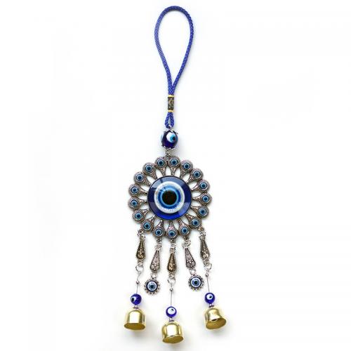 Wind Chimes Outdoor and Home Decoration  Glass with Nylon Cord & Zinc Alloy Round silver color plated for home and office & evil eye pattern blue and yellow 330mm Sold By PC
