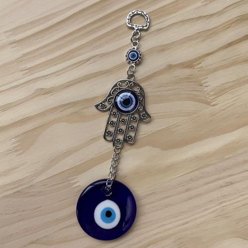 Hanging Ornaments Glass with Zinc Alloy Round silver color plated for home and office & evil eye pattern blue 200mm Sold By PC