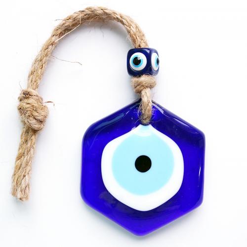 Hanging Ornaments Lampwork with Linen Hexagon for home and office & evil eye pattern blue Sold By PC