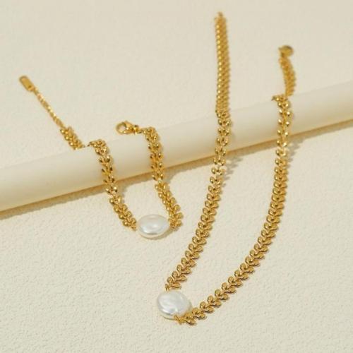 Fashion Stainless Steel Jewelry Sets 304 Stainless Steel with Plastic Pearl 14K gold plated fashion jewelry & for woman gold nickel lead & cadmium free Sold By PC