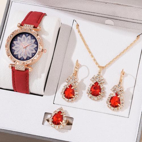 Zinc Alloy Jewelry Set watch & finger ring & earring & necklace with PU Leather & Glass plated Gift box package & 4 pieces & Chinese movement & for woman & with rhinestone watch length 230mm necklace length 400mm US Ring Sold By Set