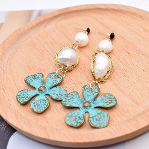 Zinc Alloy Drop Earrings with pearl & 304 Stainless Steel Flower plated fashion jewelry & for woman & with rhinestone mixed colors nickel lead & cadmium free 55mm Sold By Pair