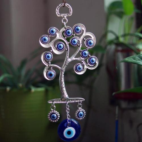 Hanging Ornaments Zinc Alloy with Resin Tree silver color plated for home and office & evil eye pattern blue Sold By PC