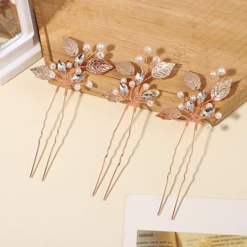 Hair Stick brass wire with Rhinestone & Plastic Pearl & Zinc Alloy three pieces & fashion jewelry & for woman rose gold color nickel lead & cadmium free Sold By Set