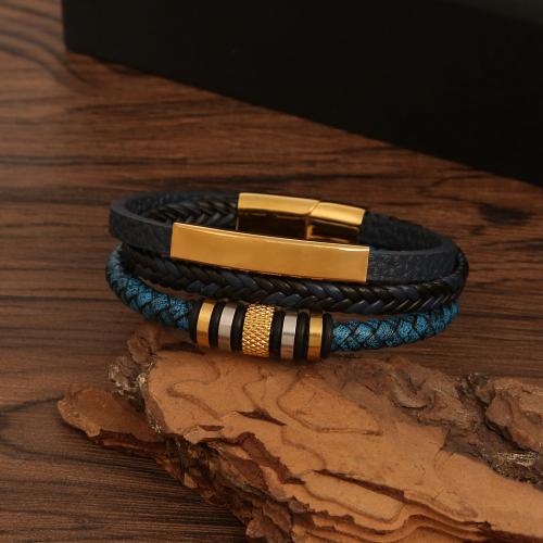 Leather Cord Bracelet Titanium Steel with leather cord handmade three layers & fashion jewelry & for man blue nickel lead & cadmium free Length Approx 21.5 cm Sold By PC