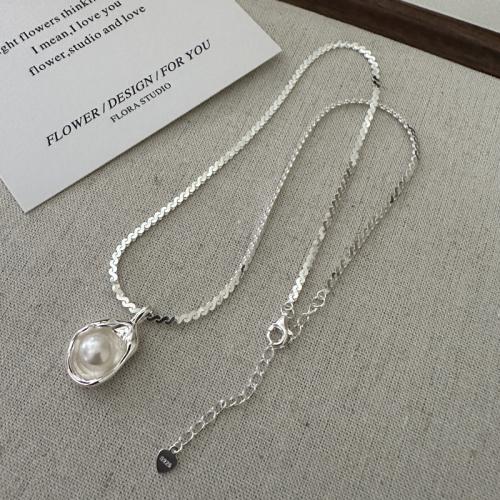 925 Sterling Silver Necklaces with Shell Pearl with 1.97inch extender chain polished fashion jewelry & for woman nickel lead & cadmium free Length Approx 15.74 Inch Sold By PC
