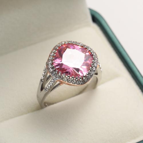 Cubic Zircon Brass Finger Ring with Cubic Zirconia Teardrop silver color plated & for woman pink nickel lead & cadmium free Sold By PC
