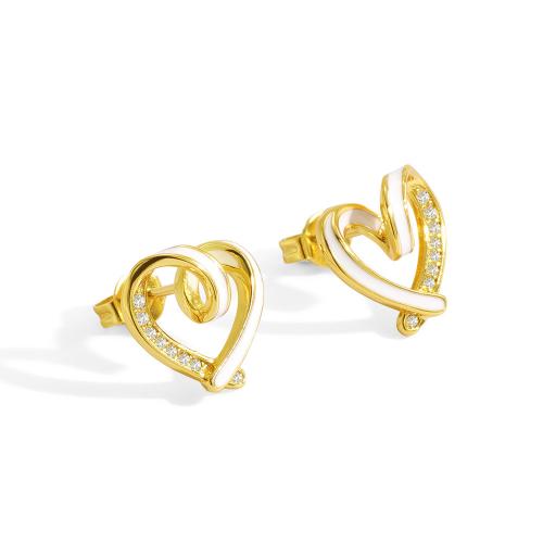 Cubic Zirconia Micro Pave Brass Earring Heart plated micro pave cubic zirconia & for woman & epoxy gel golden Sold By Pair