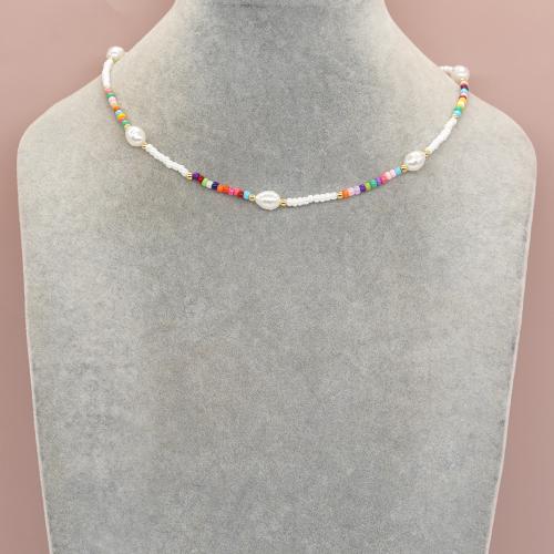 Seedbead Necklace with Freshwater Pearl & Plastic Pearl & Zinc Alloy with 5cm extender chain gold color plated fashion jewelry & for woman Length Approx 42 cm Sold By PC