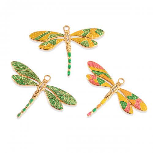Stainless Steel Animal Pendants 304 Stainless Steel Dragonfly gold color plated DIY & enamel & with rhinestone Sold By Bag