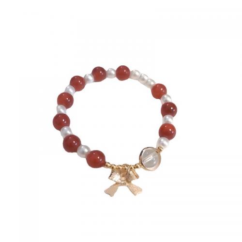 Rode Agaat Armband, met Plastic Pearl & Zinc Alloy, Strik, mode sieraden & voor vrouw, beads length 8mm, Lengte Ca 6.5 inch, Verkocht door PC