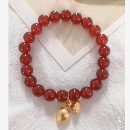 Agat czerwony Bransoletka, ze Stop cynku, Lotos Seedpod, Platerowane w kolorze złota, styl ludowy & dla kobiety, beads length 8mm, długość około 6.5 cal, sprzedane przez PC