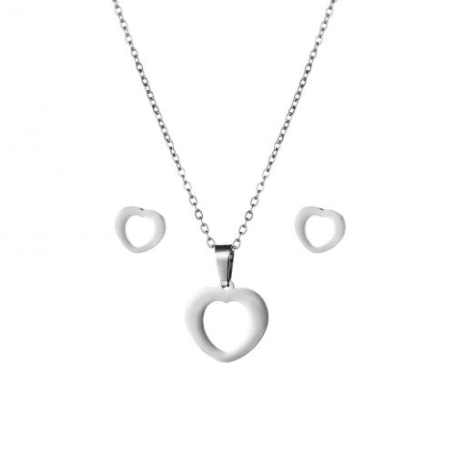 Stainless Steel smycken Ställer, Stud Örhänge & halsband, 304 rostfritt stål, Hjärta, 2 stycken & mode smycken & för kvinna, silver, Längd Ca 45 cm, Säljs av Ställ