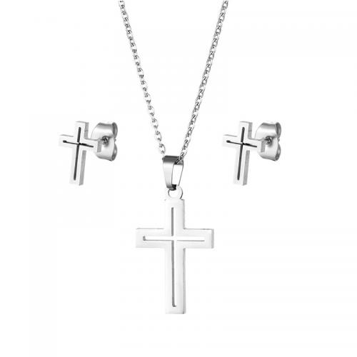 Fashion Stainless Steel Jewelry Sets Stud Earring & sweater chain necklace 304 Stainless Steel Cross 2 pieces & fashion jewelry & for woman silver color Length Approx 45 cm Sold By Set
