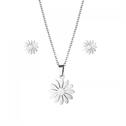 Fashion Stainless Steel Jewelry Sets Stud Earring & necklace 304 Stainless Steel Daisy 2 pieces & fashion jewelry & for woman silver color Length Approx 45 cm Sold By Set