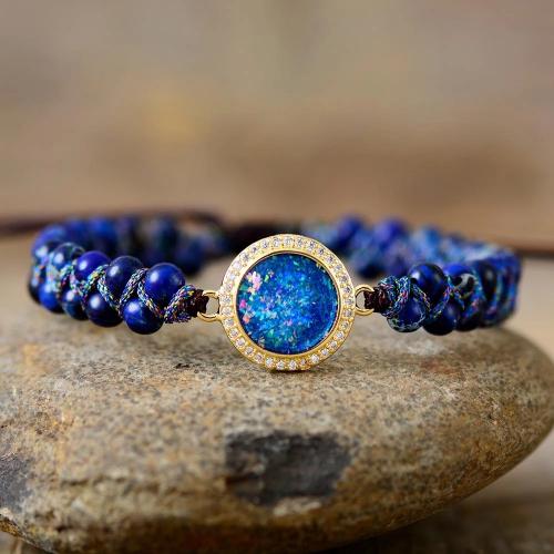 Naturalnego Lapis Lazuli bransoletki, Kamień naturalny, ze Przewód węzła & żywica & Mosiądz, Koło, Platerowane w kolorze złota, Regulowane & biżuteria moda & do wyboru różne materiały & dla obu płci & z kamieniem, dostępnych więcej kolorów, 4mm, długość około 18 cm, sprzedane przez PC