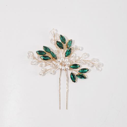 Hair Stick brass wire with Rhinestone & Plastic Pearl fashion jewelry & for woman green Sold By PC