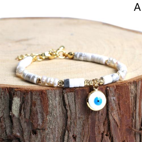 Evil Eye Jewelry Bracelet Gemstone with Freshwater Pearl & Brass gold color plated fashion jewelry & for woman & enamel Length Approx 16-22 cm Sold By PC
