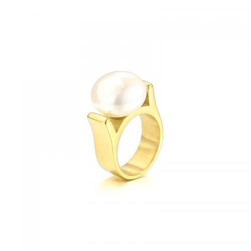 Stainless Steel Finger Ring 304 Stainless Steel with Shell Pearl Vacuum Ion Plating fashion jewelry & for woman Sold By PC
