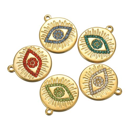 Evil Eye Pendants 304 Stainless Steel Round gold color plated DIY & with rhinestone Sold By Bag