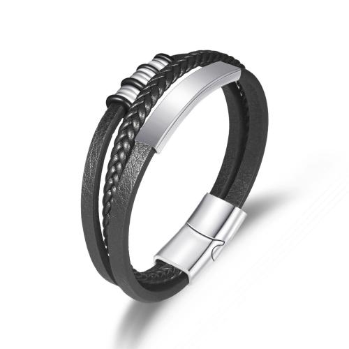 PU leder koord armbanden, met 304 roestvrij staal & Zinc Alloy, mode sieraden & voor de mens, zwart, Lengte 21 cm, Verkocht door PC