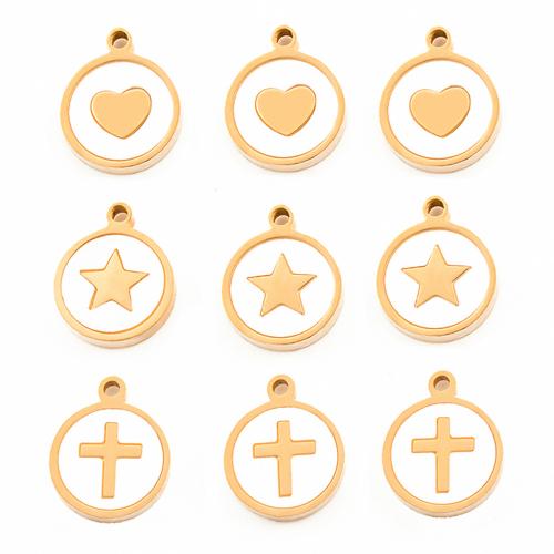 Stainless Steel Pendants 304 Stainless Steel with Shell Round gold color plated DIY Sold By Bag