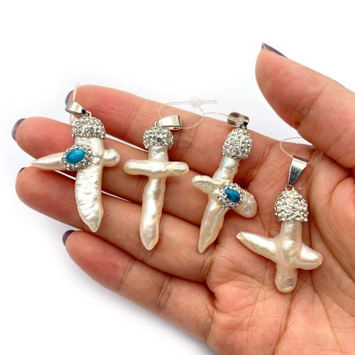 Freshwater Pearl Pendants with turquoise & Rhinestone Clay Pave & Brass Cross DIY white 25mm 32-41mm Sold By PC